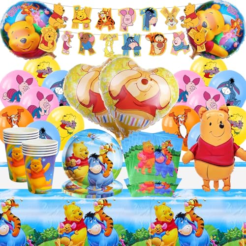 Party Kindergeburtstag für Winnie Pooh Geburtstagsdeko, 81 Stück Winnie Partygeschirr Set, Winnie Pooh Geburtstag Dekoration Winnie Luftballons Teller Becher Servietten Tischdecke Banner von SolWonder