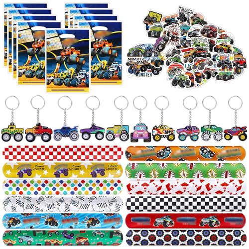 SolWonder Monstertruck Mitgebsel Kindergeburtstag 6 7 8 9 10 Jahre, Give Aways Gastgeschenk Kindergeburtstag Monster Truck, Inklusive Geschenktüten Schnapparmband Schlüsselanhänger Tolle Mitgebsel von SolWonder