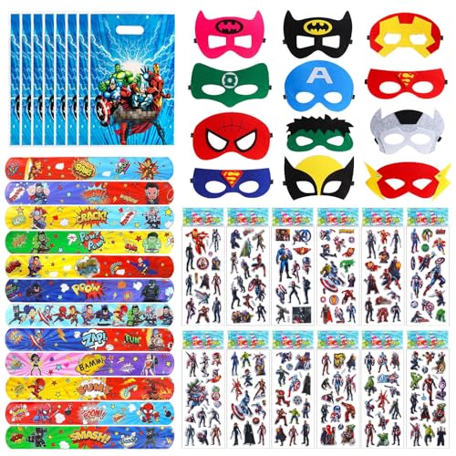 46 Stück Super-helden Party Mitgebsel, Mit 12Pcs Super-helden Masken+12Pcs Schnapparmbänder+10Pcs Geschenktüten+12Pcs Tattoo Aufkleber, Super-helden Geburtstag Mitgebsel von SolWonder