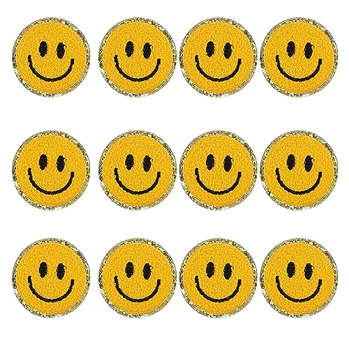 Solasocool Gelbes Smiley-Gesicht, selbstklebend, zum Aufbügeln, aus Chenille, 12 Stück, Happy Face aus Filz zum Aufnähen, für Kleidung, Jacken, Rucksäcke, Jeans, Hüte von Solasocool