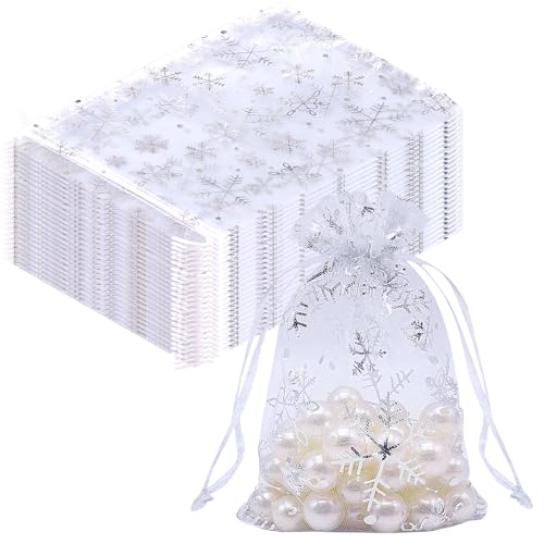 Soleeya 110 Stück Organza Säckchen, Organzasäckchen 13x18 cm mit Schneeflockenmuster Organzabeutel Klein Geschenk Schmuckbeutel mit Kordelzugpassend Geschenksäckchen für Weihnachten, Hochzeiten von Soleeya