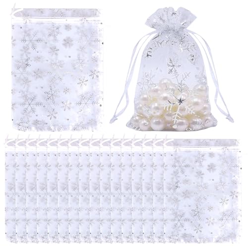 Soleeya 200 Stück Organza Säckchen, Organzasäckchen 7x9 cm mit Schneeflockenmuster Organzabeutel Klein Geschenk Schmuckbeutel mit Kordelzugpassend Geschenksäckchen für Weihnachten, Hochzeiten von Soleeya