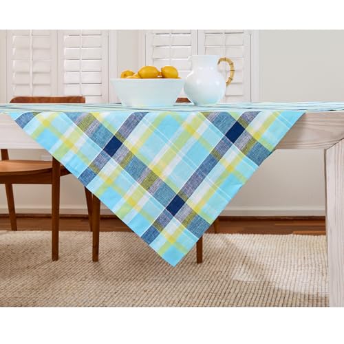 Solino Home Blaue Leinen-Tischdecke, 132 x 132 cm, 100 % reines Leinen, Sommer-Madras, kariert, maschinenwaschbar, Tischüberwurf für Frühling von Solino Home