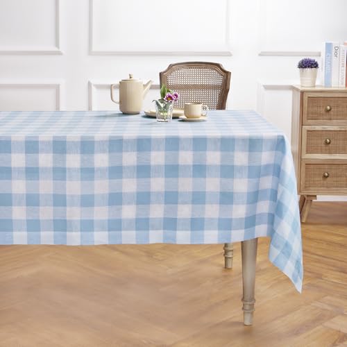 Solino Home Buffalo Karierte Leinen-Tischdecke, 229,6 x 152,4 cm (L x B) – 100 % reines Leinen, blaue Glockenmuster, maschinenwaschbar, rechteckige Tischdecke im Bauernhausstil von Solino Home