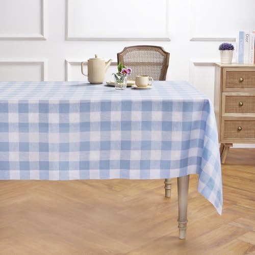 Solino Home Buffalo Karierte Leinen-Tischdecke, 304,8 x 152,4 cm (L x B) – 100 % reines Leinen, Chambray-Tischdecke in Blau und Weiß kariert, maschinenwaschbar, rechteckige Tischdecke für Winter, von Solino Home