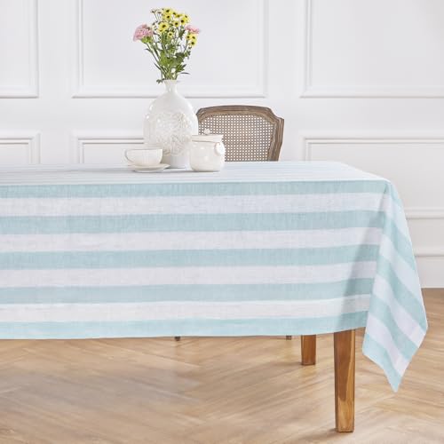 Solino Home Cabana gestreifte Leinen-Tischdecke, 229,6 x 152,4 cm (L x B) – 100 % reines Leinen, Aqua und Weiß, maschinenwaschbar, rechteckige Tischdecke für Frühling, Innen- und Außenbereich von Solino Home