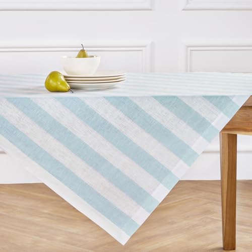 Solino Home Cabana gestreifte Leinentischdecke, 132 x 132 cm, 100 % reines Leinen, Frühlingstischdecke in Aqua- und Weiß, maschinenwaschbar, quadratisch, für Innen- und Außendekoration von Solino Home