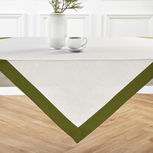 Solino Home Quadratische Tischdecke aus 100 % reinem Leinen, Avocado und Weiß, 132 x 132 cm, Contempo, maschinenwaschbar, Tischdecke für Hochzeit, Partys, Frühling, Ostern von Solino Home