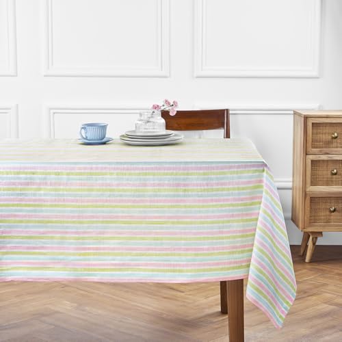 Solino Home Gestreifte Leinen-Tischdecke, 229,6 x 152,4 cm (L x B) – 100 % reines Leinen, Motiv: Palmenstrand, Frühlingstischdecke, maschinenwaschbar, rechteckig, für drinnen und draußen, gestreift von Solino Home