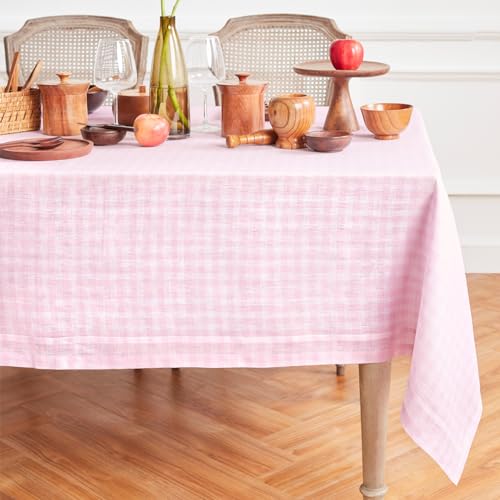 Solino Home Gingham-Karo-Leinen-Tischdecke, 365,8 x 152,4 cm (L x B), 100 % reines Leinen, Marshmellow Pink kariert, rechteckige Tischdecke von Solino Home