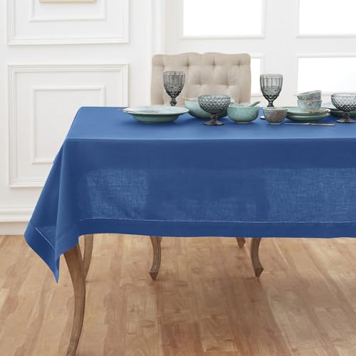 Solino Home Indigoblaue Leinen-Tischdecke, 335,3 x 152,4 cm, 100 % reines Leinen, klassische Hohlsaum-Tischdecke, maschinenwaschbar, Esszimmertischdecke von Solino Home