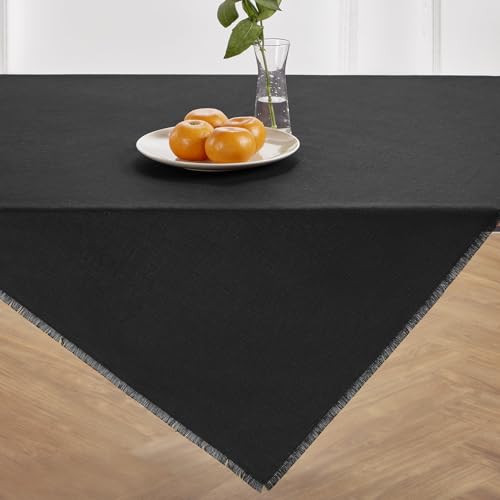 Solino Home Leinentischdecke – 100 % reines Leinen, schwarze Tischdecke 132 x 132 cm – maschinenwaschbar, quadratischer Tischüberwurf für Urlaub, Winter – Fransen von Solino Home