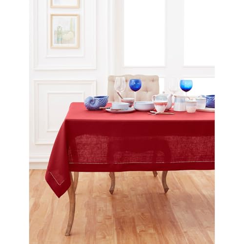 Solino Home Rote Leinen-Tischdecke, 396,2 x 152,4 cm (L x B) – 100 % reines Leinen, klassische Weihnachtstischdecke mit Hohlsaum, maschinenwaschbar, Esszimmer-Tischdecke für Winter, Urlaub, von Solino Home