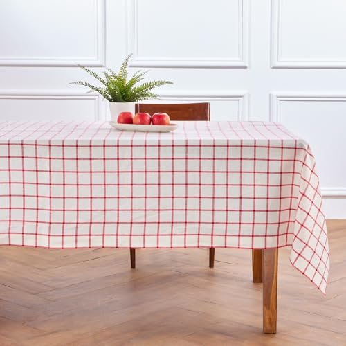 Solino Home Weihnachtliche Tischdecke aus Leinen, kariert, 100 % reines Leinen, Tofu und rot kariert, 229,6 cm L x 152,4 cm B, maschinenwaschbar, rechteckig, Fensterscheibe von Solino Home