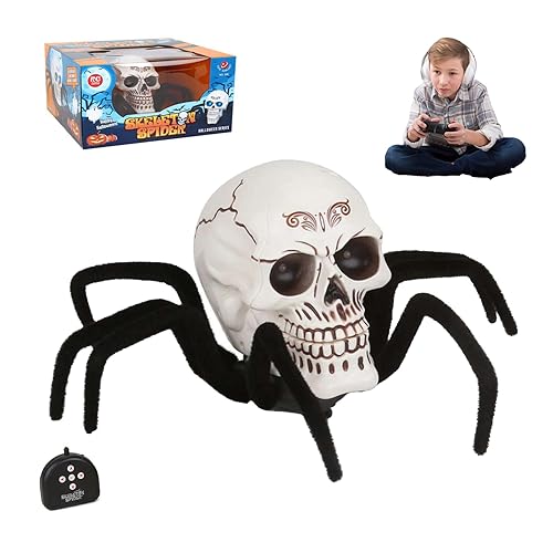 Halloween Deko Spinne mit Menschenschädelkopf, Robo Halloween Spinne mit Fernbedienung, LED-Leuchtende Augen, 24.5x22.5x15CM Robo Alive Tarantel, Horror Tischdekoration für Halloween Party von Somedy