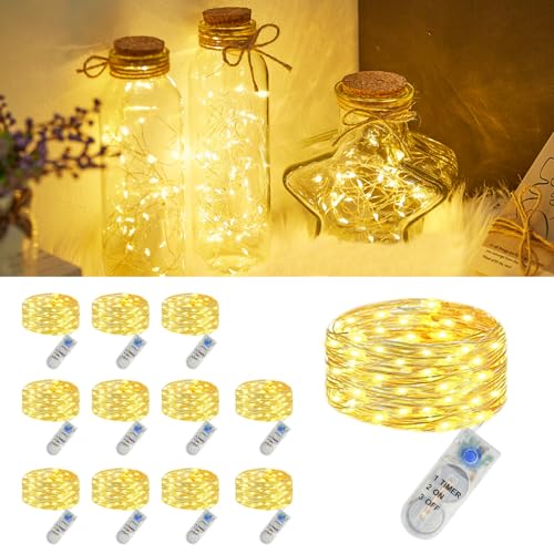 12 Stück Micro Led Lichterkette mit CR2032 Batterie, IP65 Wasserdichte Lichterkette mit Timer, 2M 20LED Mini Led Lichterketten Draht Innen für Garten, Innen, Außen, Weihnachten Deko, Warmweiß von SonPen