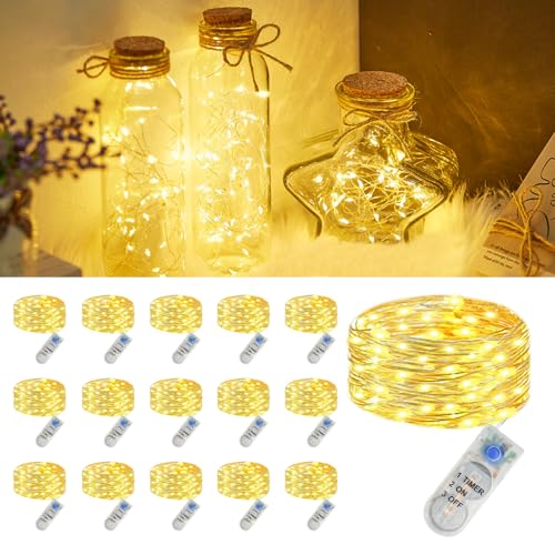 16 Stück Micro Led Lichterkette mit CR2032 Batterie, IP65 Wasserdichte Lichterkette mit Timer, 2M 20LED Mini Led Lichterketten Draht Innen für Garten, Innen, Außen, Weihnachten Deko, Warmweiß von SonPen