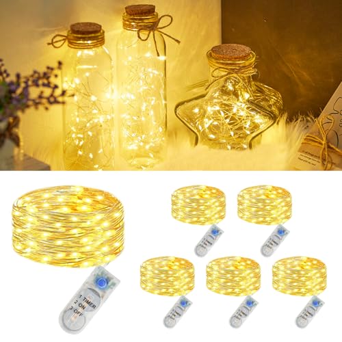 6 Stück Micro Led Lichterkette mit CR2032 Batterie, IP65 Wasserdichte Lichterkette mit Timer, 2M 20LED Mini Led Lichterketten Draht Innen für Garten, Innen, Außen, Weihnachten Deko, Warmweiß von SonPen