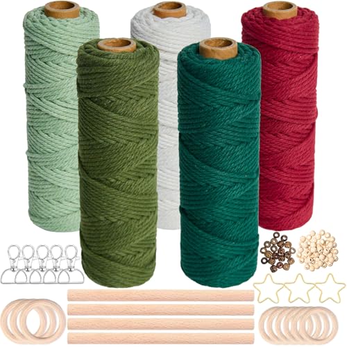 Sonekin Makramee Garn,5 Stück Makramee Garn 3mm,Makramee Set,Inklusive Holzperlen,Holzstäben,Holzringen,Sternen,Schlüsselanhängern,Geeignet für Wanddekorationen,Hängekörbe,DIY-Basteln (Grün) von Sonekin