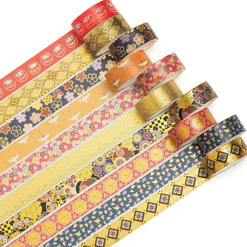 Songdao 10 Rollen Sakura Washi Tape Set Klebeband Papier Dekorativ Gold Silber Folie Masking Tape Klebeband Bunt für Scrapbooking Handwerk Handwerk (Golden Kimono) von Songdao