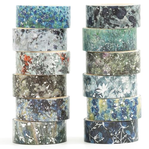 Songdao Blumen Washi Tape Set 12 Rollen Silber Dekoratives Klebeband Bunt für Scrapbooking, Bullet Tagebuch, Planer, Geschenkverpackung (Monochrome Elegance) von Songdao