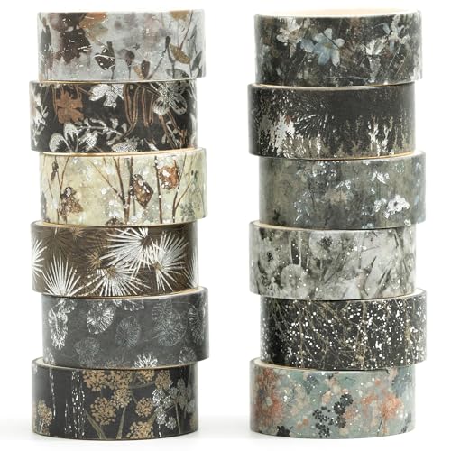 Songdao Blumen Washi Tape Set 12 Rollen Silber Dekoratives Klebeband Bunt für Scrapbooking, Bullet Tagebuch, Planer, Geschenkverpackung (Mystic Shadows) von Songdao