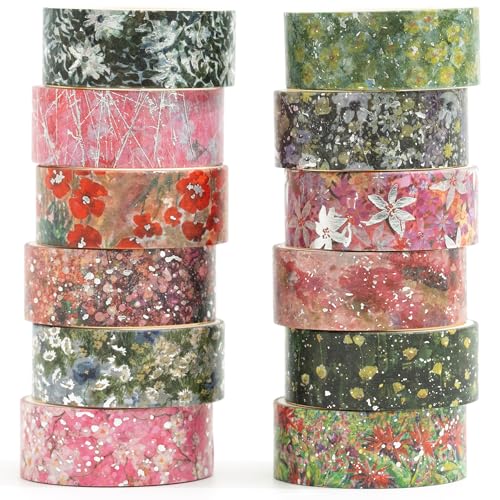 Songdao Blumen Washi Tape Set 12 Rollen Silber Dekoratives Klebeband Bunt für Scrapbooking, Bullet Tagebuch, Planer, Geschenkverpackung (Pinky Bloom) von Songdao