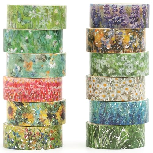 Songdao Blumen Washi Tape Set 12 Rollen Silber Dekoratives Klebeband Bunt für Scrapbooking, Bullet Tagebuch, Planer, Geschenkverpackung (Spring Serenity) von Songdao