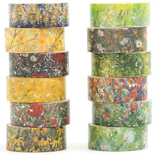 Songdao Blumen Washi Tape Set 12 Rollen Silber Dekoratives Klebeband Bunt für Scrapbooking, Bullet Tagebuch, Planer, Geschenkverpackung (Verdant Glow) von Songdao