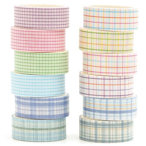 Songdao Gitter Washi Tape Set 12 Rollen Schottenstoff Dekoratives Klebeband Bunt für Scrapbooking, Bullet Tagebuch, Planer, Geschenkverpackung (Style Three) von Songdao