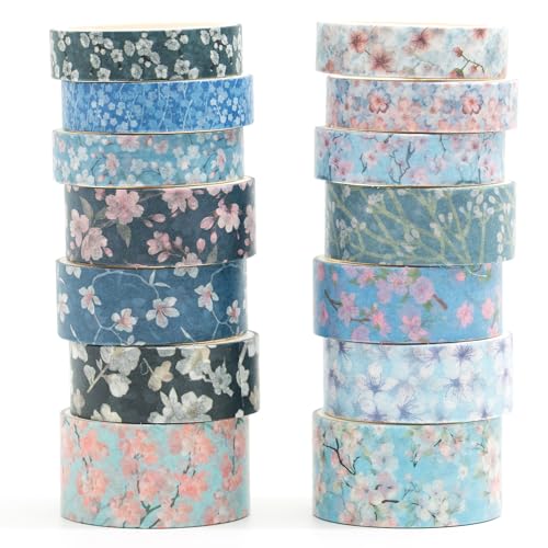 Songdao Sakura Washi Tape Set 14 Rollen Blumen Dekoratives Klebeband Bunt für Scrapbooking, Bullet Tagebuch, Planer, Geschenkverpackung (Midnight Blossom) von Songdao