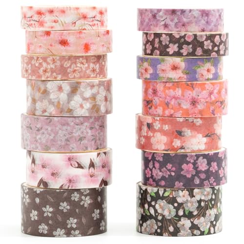 Songdao Sakura Washi Tape Set 14 Rollen Blumen Dekoratives Klebeband Bunt für Scrapbooking, Bullet Tagebuch, Planer, Geschenkverpackung (Twilight Sakura) von Songdao