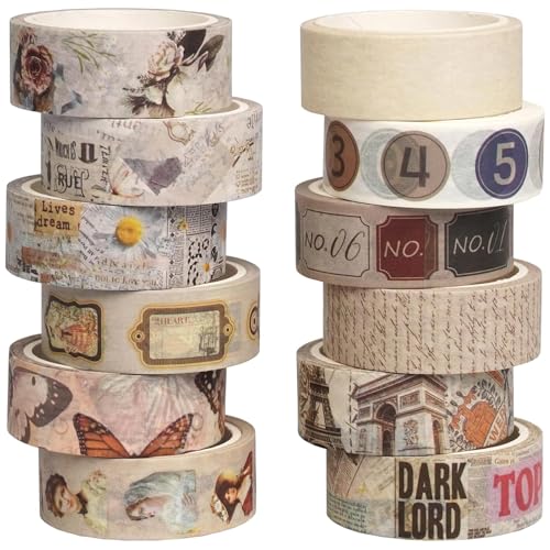 Songdao Vintage Washi Tape Set 12 Rollen Breit Dekorative Antik Karte Stempel Zeitung Masking Tapes Klebeband Bunt für Kunst, DIY Handwerk, Tagebuch, Planer, Scrapbook, Verpackung von Songdao