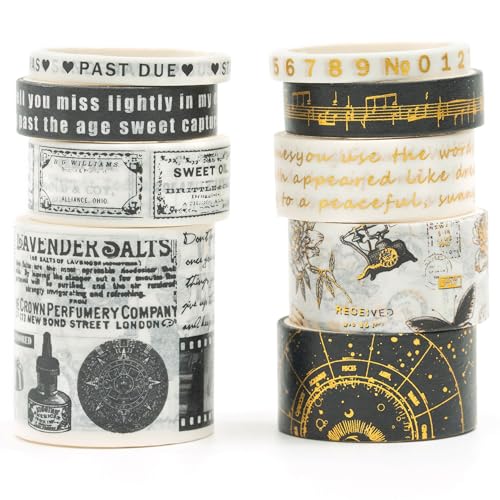 Songdao Weinlese Washi Tape Set 8 Rollen Retro Dekoratives Rauschgold Klebeband Bunt für Scrapbooking, Bullet Tagebuch, Planer, Geschenkverpackung (Black White) von Songdao