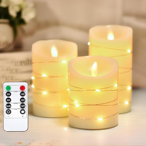 3er-Set LED Kerzen mit Lichterkette, Flammenlose LED Kerzen mit Fernbedienung & Timer, Batteriebetrieben, Kerzen Deko, Schwebende Kerzen Set, Lichterkette Kinder, Weihnachtsdeko Weiß-10/12.5/15cm Hoch von Songlypian