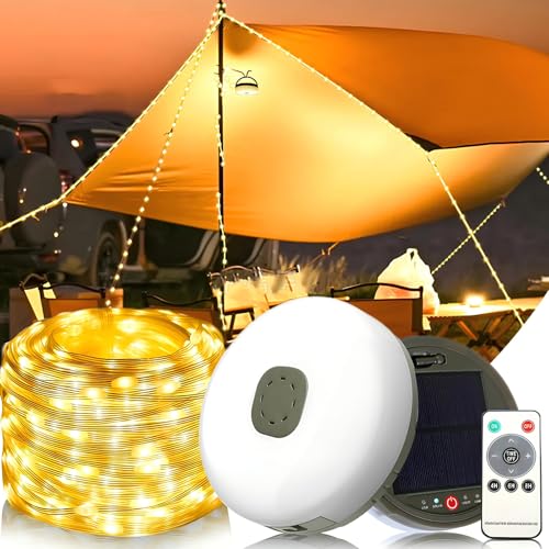 Solar Camping Lichterkette Außen, 10M 100LED Camping Lichterkette Aufrollbar mit 8 Modi, Solar/USB Aufladung,IP65 Wasserdichte Campinglampe,Camping Zubehör,Camping licht für Garten, Wandern, Hof Dekor von Songlypian