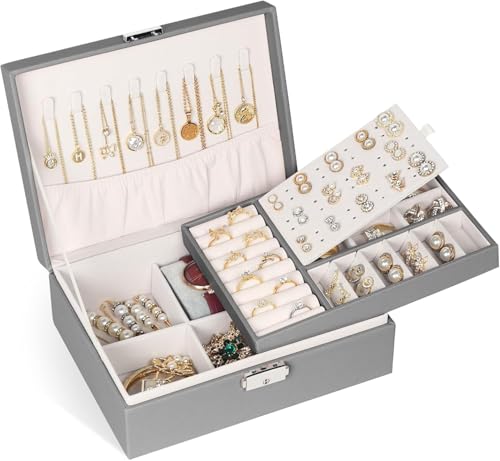 Sonhomay Schmuckschatulle, zweilagig, Schmuck-Organizer, Aufbewahrungsbox mit Schloss, herausnehmbares Tablett für Damen, Halsketten, Ohrringe, Ringe, Armbänder von Sonhomay