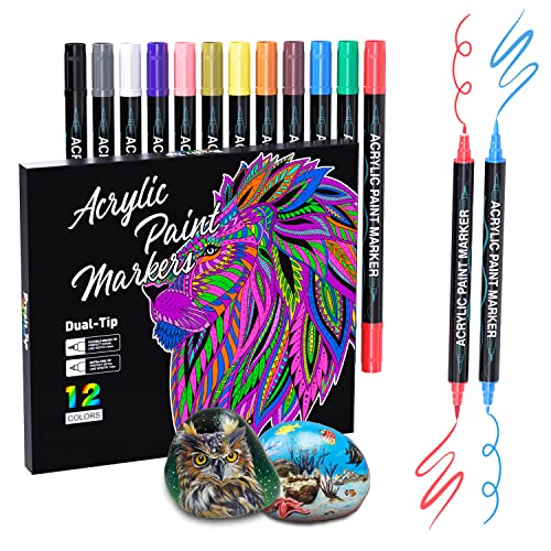 Sonlaryin Acrylstifte Marker Stifte 12 Farben, Doppelspitze Acrylstifte für Steine Wasserfest, Acrylmarker Set für Holz, Glas, Papier, Keramik, Leinwand, Erwachsene Kinder Geschenke Ostern Basteln von Sonlaryin