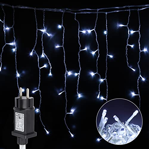 Sonnewelt Eisregen Lichtervorhang Außen Innen mit 8 Modi Eiszapfen Weihnachten Lichterkette Wasserdicht Kaltweiß 15m, 600LED Party Lichterkette Outdoor Strom Lichtervorhang Eiszapfen von Sonnewelt