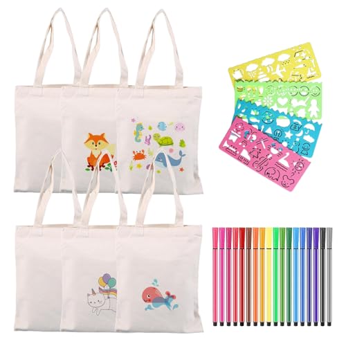 Sonwaha 6 Stück Stoffbeutel zum Bemalen für Kinder Taschen zum Bemalen Set mit 18 Aquarellstift und 4 DIY Malschablonen für Kindergeburtstag Schule Party Feier Geschenk von Sonwaha