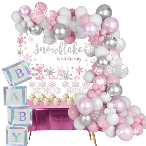 Soonlyn All-In-1 "A Little Snowflake is on the Way" Babyparty, Winter-Babyparty-Dekorationen, Party mit Baby-Box, Schneeflocken-Ballonbogen-Set, Schneeflocken-Hintergrund, Tischdecke, Schneeflocke, von Soonlyn