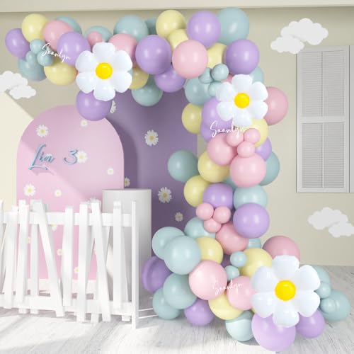 Soonlyn Rosa Blau Ballonbogen Kit 4.0 m Lila Blau Geburtstag Dekorationen Gänseblümchen Ballons für Party Dekorationen Mädchen Hochzeit Babyparty von Soonlyn