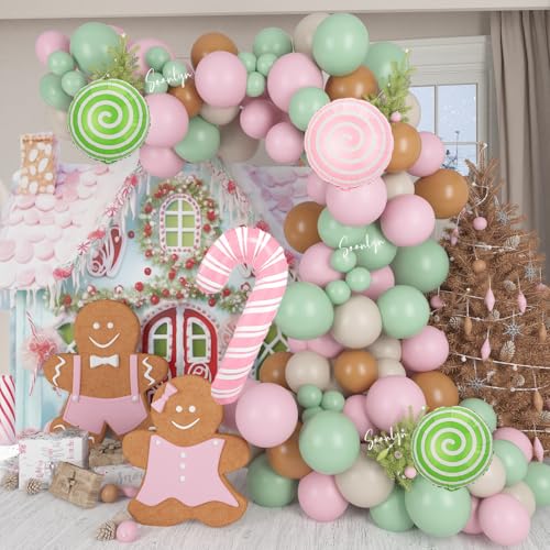 Soonlyn Rosa Weihnachtsballonbogen-Kit, 4 m Lebkuchen-Ballonbogen-Girlanden-Kit mit Folien-Zuckerstangen-Ballons, rosa grün-braune Luftballons für Weihnachtsfeier-Dekorationen von Soonlyn