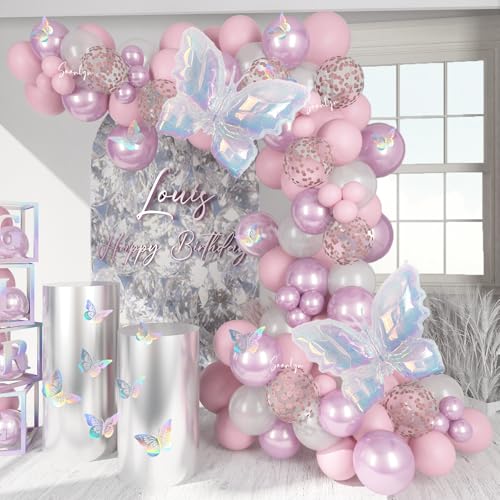 Soonlyn Schmetterling Ballonbogen Kit 4.0 m Bling Schmetterling Geburtstag Dekorationen Schmetterling Luftballons 3D Laser Aufkleber Konfetti Lila Lila Luftballons für Party Dekorationen von Soonlyn