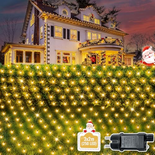 Soontrans LED Lichternetz 250 Warmweiße LED 3x2m, Großflächig Beleuchten, Lichtervorhang Erweiterbar & 8 Modi & Speicherfunktion & IP44 Wasserdicht & mit Trafo, Weihnachtsbeleuchtung für Innen Außen von Soontrans