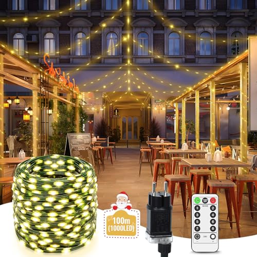 Soontrans Mikrolichterkette Tropfen Kupferdraht 100m 1000 Micro LED Warmweiß Licht Weihnachtsbeleuchtung mit Trafo & Fernbedienung,Timer- und Speicherfunktion & 8 LIchtmodi & Dimmbar &IP44 Wasserdicht von Soontrans