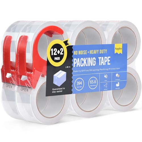 Sopito Paketklebeband, 12 stück Niedriger Geräuschpegel Klebeband Transparent 48mm x 60m, Paketband Transparent mit 2 stück Abroller für Haus, Büro, Umzugskarto von Sopito