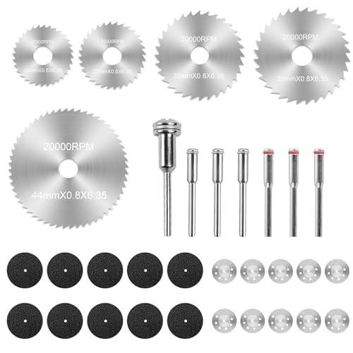 32 Stück Trennscheiben-Set für Rotationswerkzeuge, Mini Diamant Schneidscheiben, inklusive HSS-Kreissägeblätter, Diamant- und Harz-Schneidscheiben, mit 3mm Schaft für Holz, Kunststoff, Stein von SopwMap