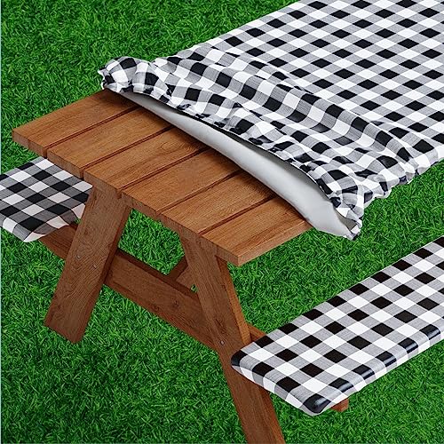 Sorfey Picknick-Tischdecke mit Bänken, elastisch, Vinyl mit Flanell-Rückseite, passend für rechteckige Tische, 76,2 x 152,4 cm, wasserdicht, leicht zu reinigen, kariertes schwarzes Design von Sorfey