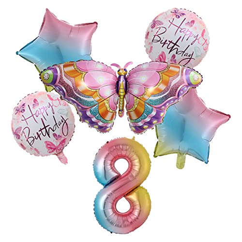 Buntes Schmetterlingsballon-Set mit 6 Aluminiumfolien-Zahlenballon, Happy Birthday Dekorationen, Babyparty, Partyzubehör, Geburtstagsballon von Sorrowso